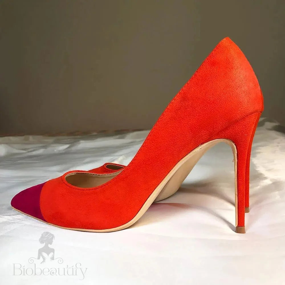 Orange Faux Suede Pointed Toe Stiletto Pumps In 8Cm 10Cm And 12Cm High Heels For Women