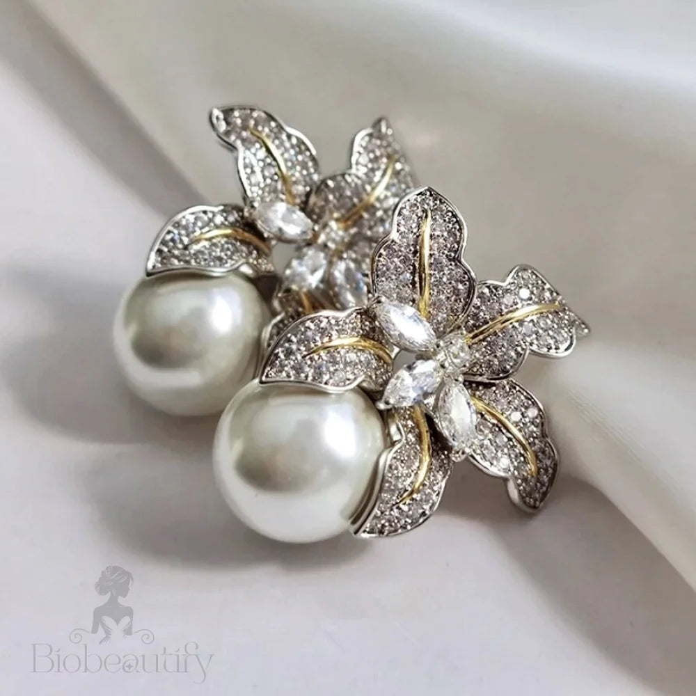 Orchid Two-Tone Pearl And Cz Bridal Earrings