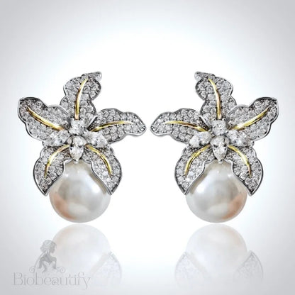 Orchid Two-Tone Pearl And Cz Bridal Earrings