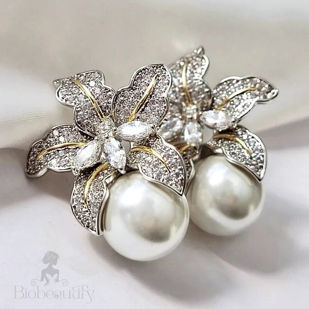 Orchid Two-Tone Pearl And Cz Bridal Earrings