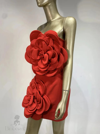 Orenda Strapless Dress With Red Flower Applique