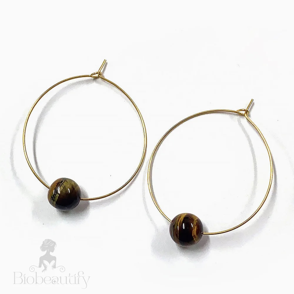 Oversized Tigers Eye Beaded Hoop Earrings With 18K Gold Plated Ring