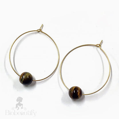 Oversized Tigers Eye Beaded Hoop Earrings With 18K Gold Plated Ring