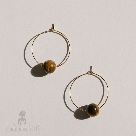 Oversized Tigers Eye Beaded Hoop Earrings With 18K Gold Plated Ring / One Size