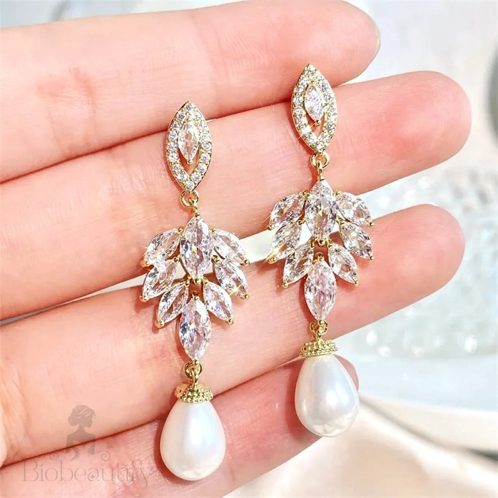 Paloma Pearly Cubic Zirconia Bridal Earrings In Gold And Silver