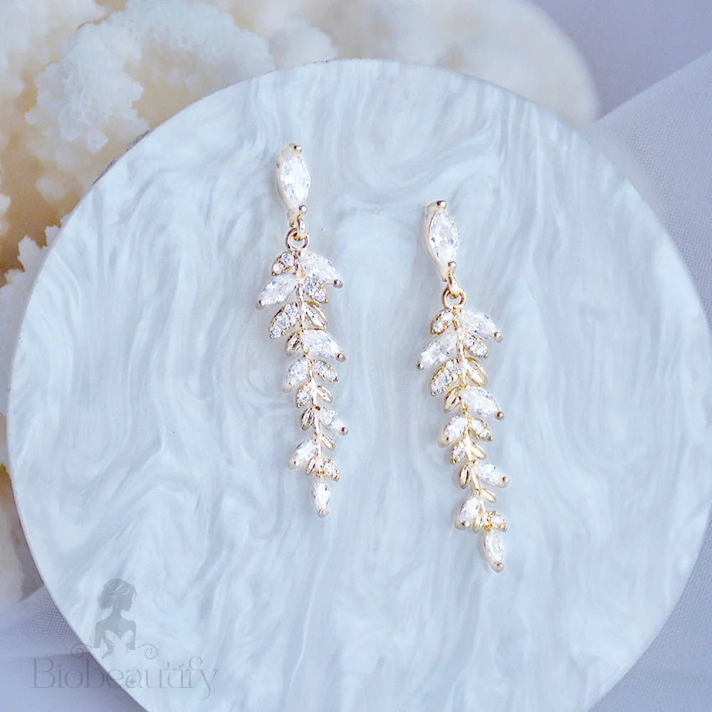 Paola Gold Leaf Earrings With Cz For Brides