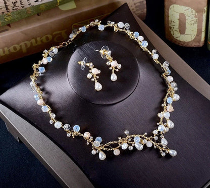 Pearl And Cubic Zirconia Bridal Jewelry Set With Tiara - 3 Pieces Available In Yellow Gold Silver