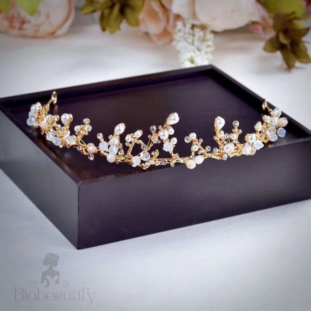 Pearl And Cubic Zirconia Bridal Jewelry Set With Tiara - 3 Pieces Available In Yellow Gold Silver