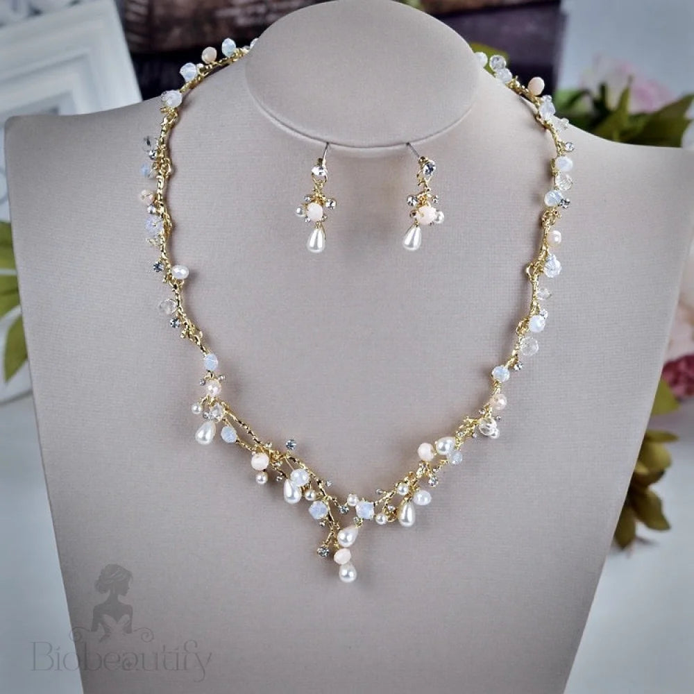 Pearl And Cubic Zirconia Bridal Jewelry Set With Tiara - 3 Pieces Available In Yellow Gold Silver