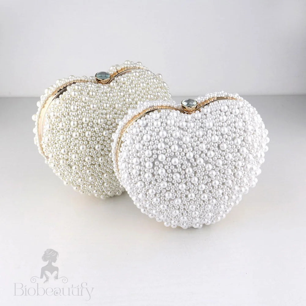 Pearl Beaded Heart Clutch Bag With Luxury Metal Handle - White