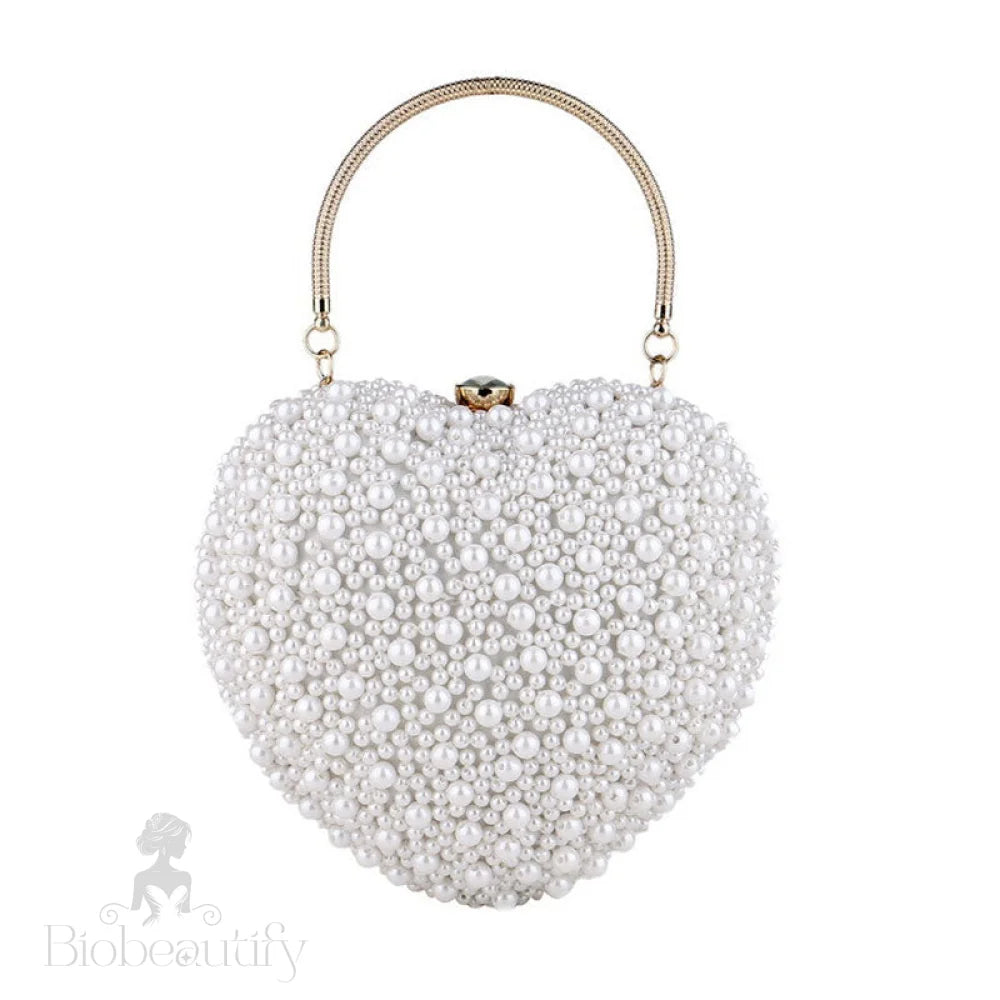 Pearl Beaded Heart Clutch Bag With Luxury Metal Handle - White One Size /