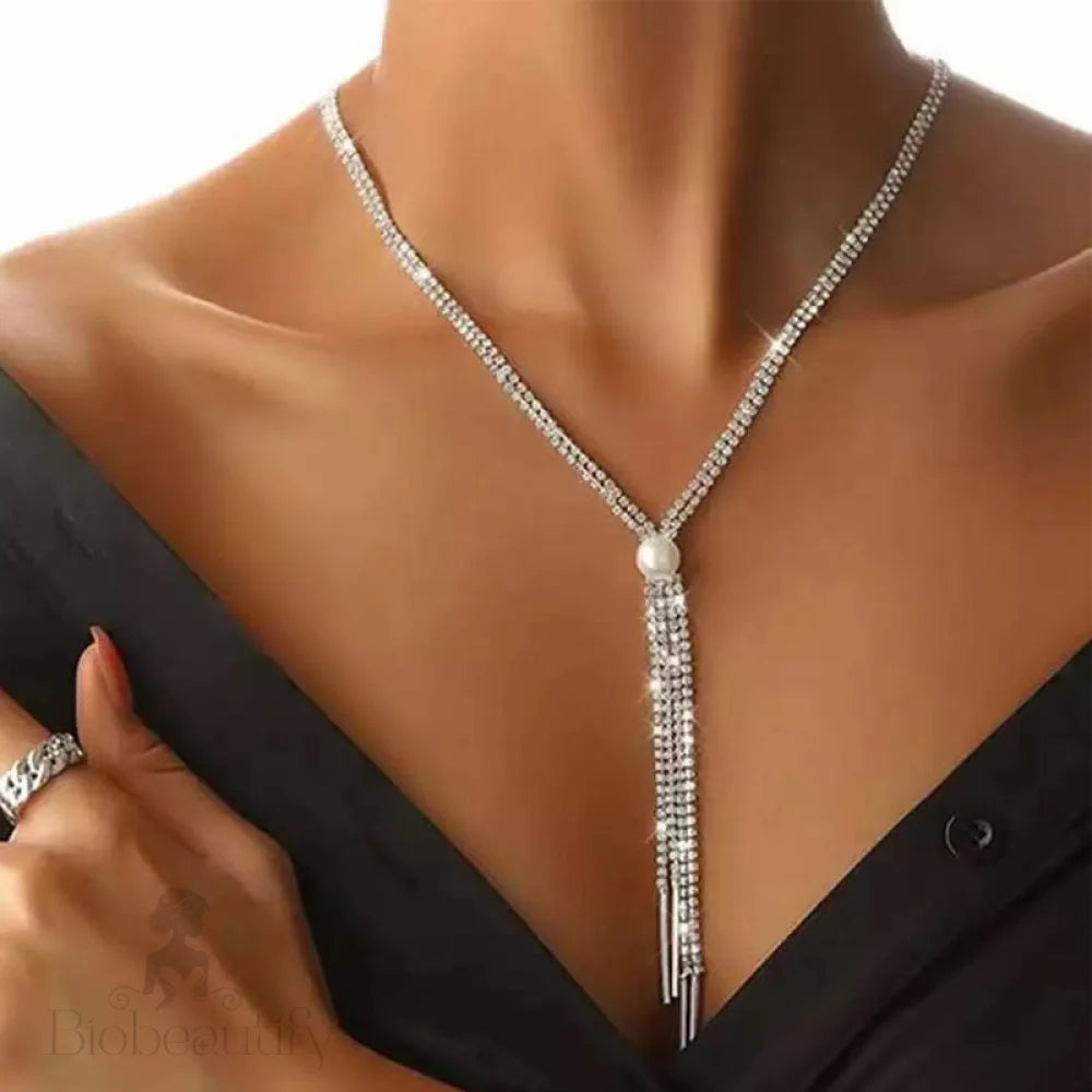 Pearl Detail Rhinestone Tassel Lariat Necklace - Silver