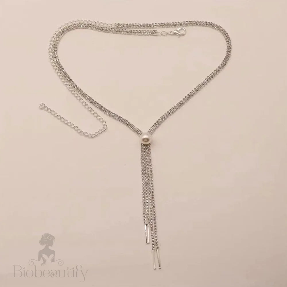 Pearl Detail Rhinestone Tassel Lariat Necklace - Silver