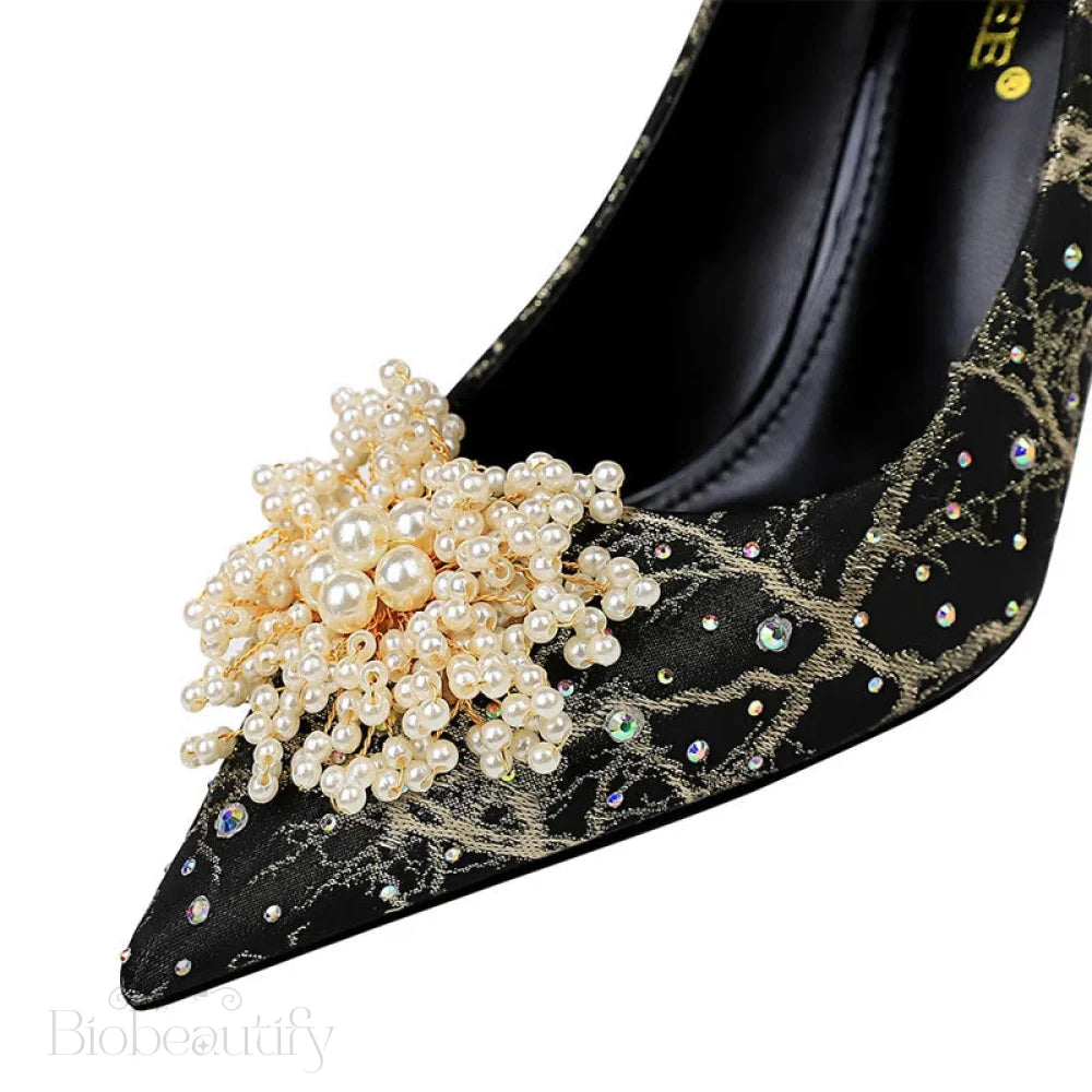 Pearl Flowers Rhinestone High Heels Luxurious Women Pumps