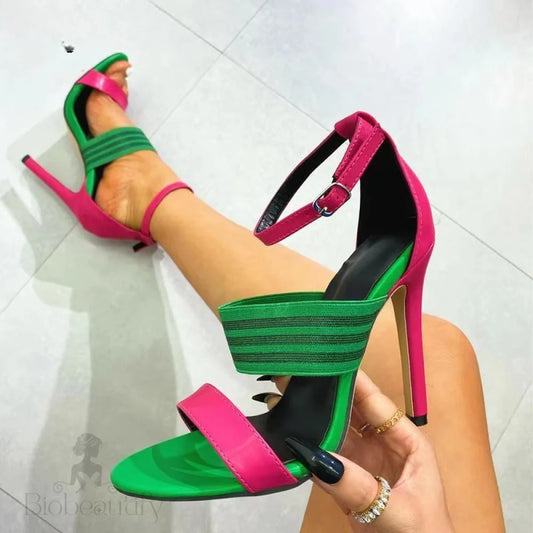 Peep Toe High Heels Sandal With Narrow Band Buckle Strap Cover Heel Green / 35