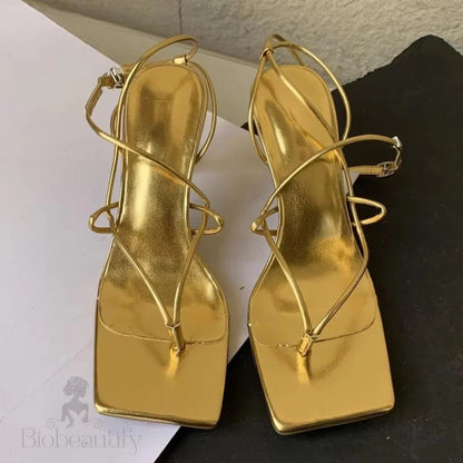 Peep Toe Women Sandals With Thin Low Heel Gold / 38