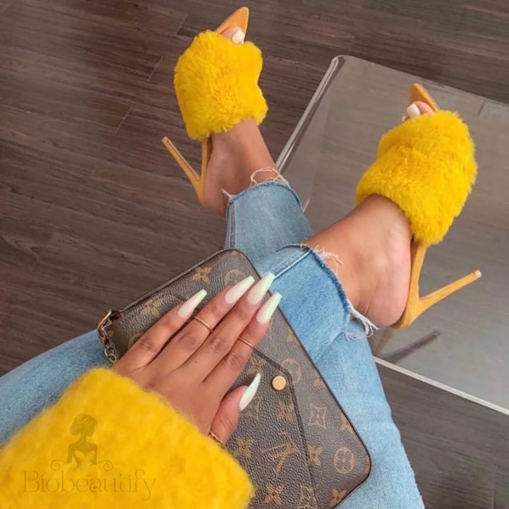 Penelope Fur Stiletto Mules 6.5 / Yellow