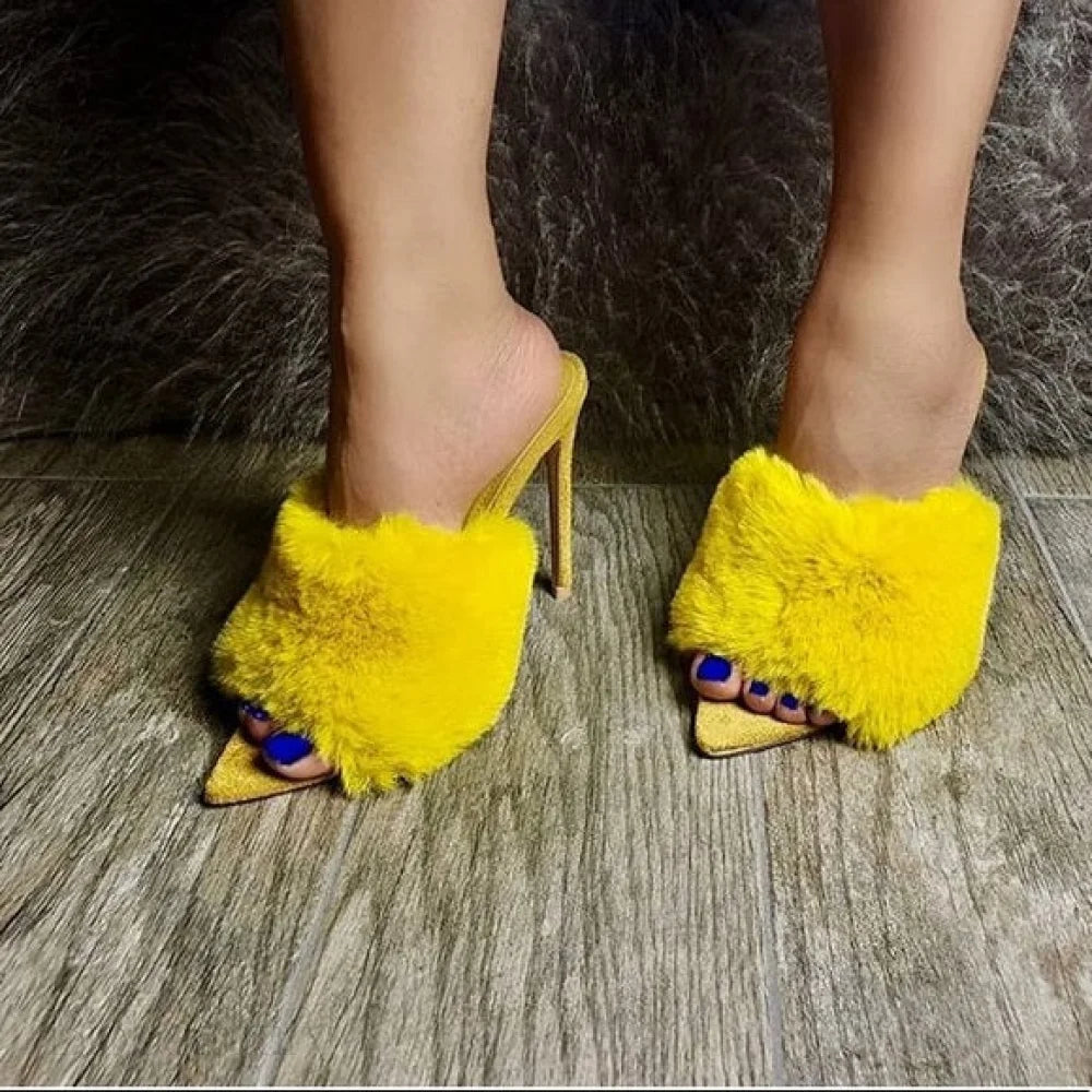 Penelope Fur Stiletto Mules 7 / Yellow