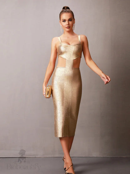 Penelope Gold Bandage Cut Out Dress