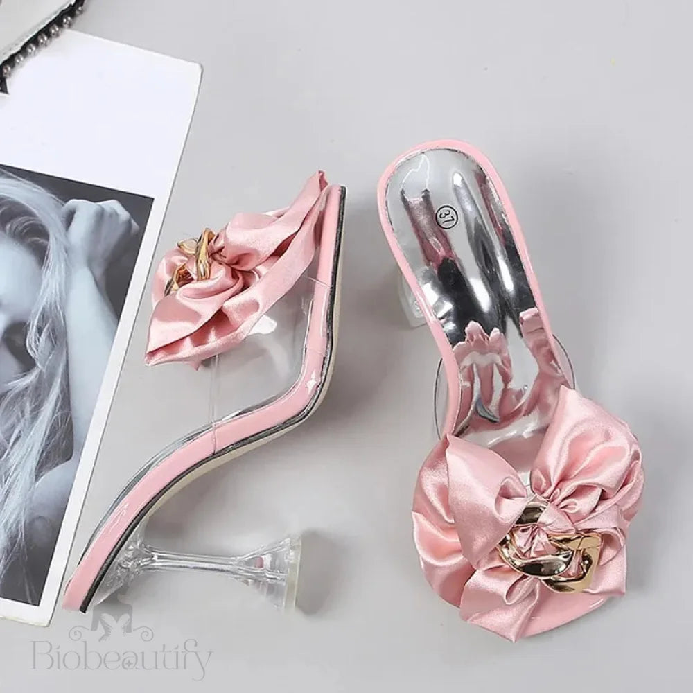 Pink Butterfly-Knot Designer Sandals With Clear Heels