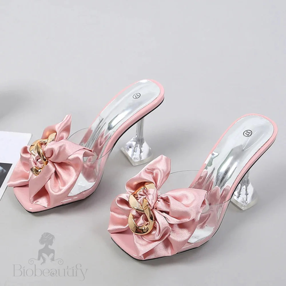 Pink Butterfly-Knot Designer Sandals With Clear Heels