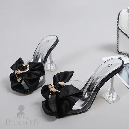 Pink Butterfly-Knot Designer Sandals With Clear Heels