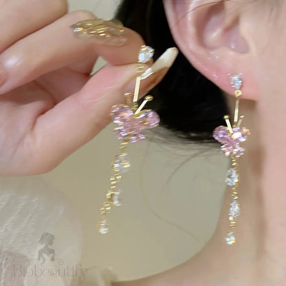 Pink Butterfly Tassel Dangle Earrings With Zirconia For Women And Girls - Delicate Flower