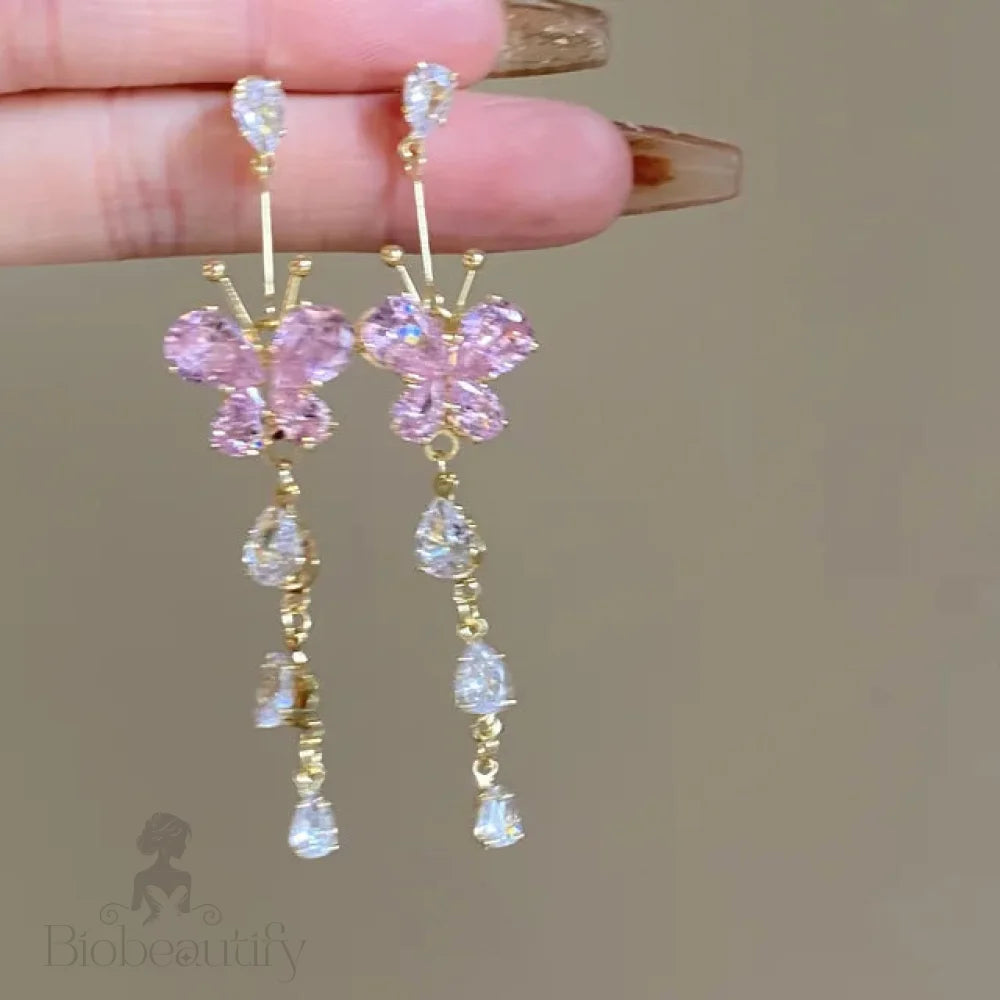 Pink Butterfly Tassel Dangle Earrings With Zirconia For Women And Girls - Delicate Flower