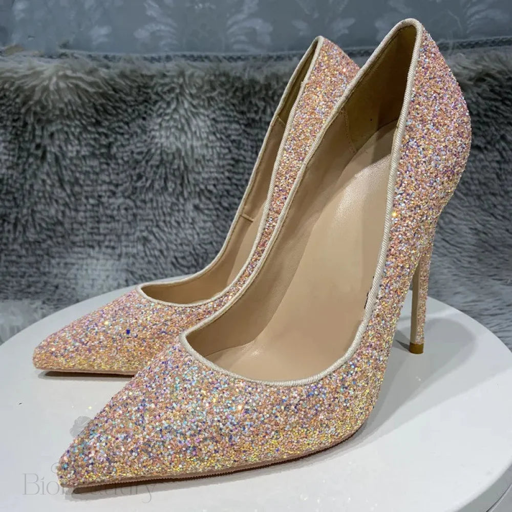 Pink Glitter Sequins Pointy Toe High Heel Shoes For Women