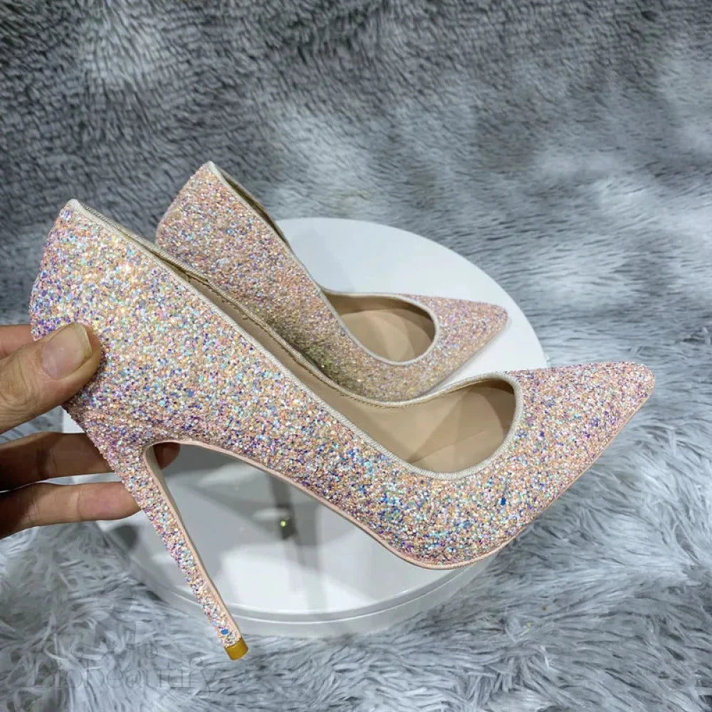 Pink Glitter Sequins Pointy Toe High Heel Shoes For Women