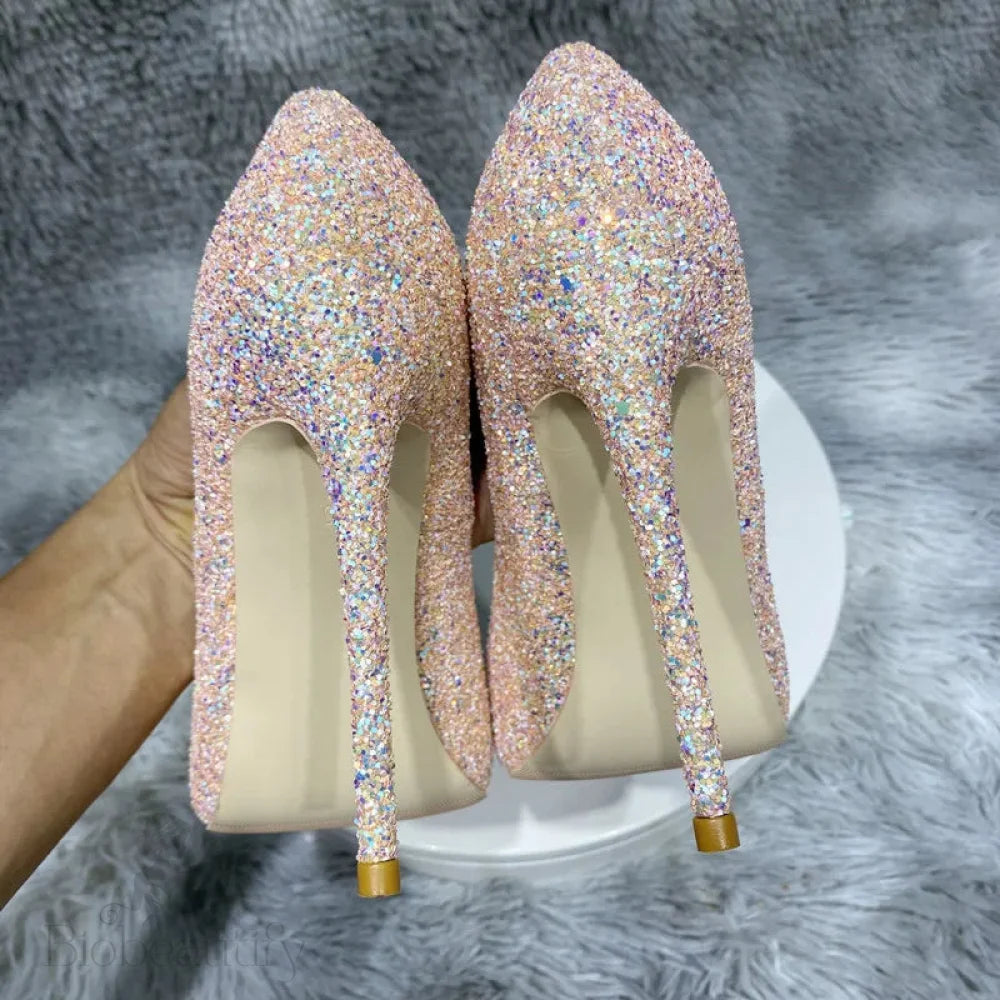 Pink Glitter Sequins Pointy Toe High Heel Shoes For Women