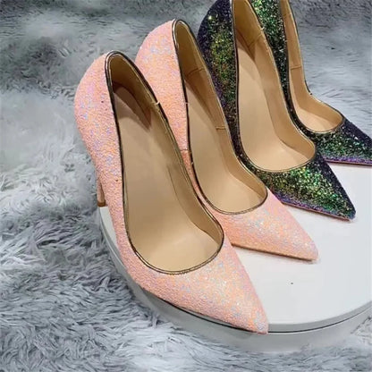 Pink Glitter Sequins Women Sexy Pumps For Wedding Party Slip On Pointed Toe Shoes