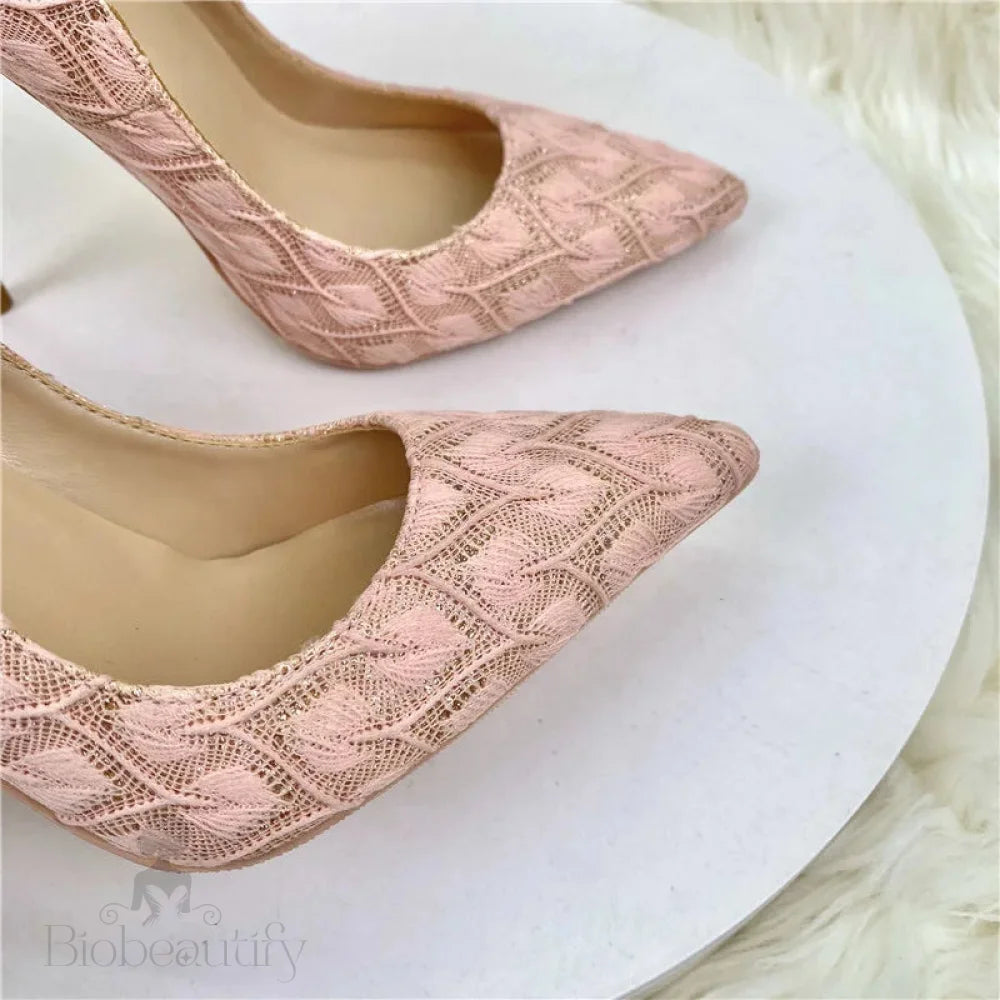 Pink Lace Fabric Pointy Toe High Heel Wedding Bridemaids Shoes