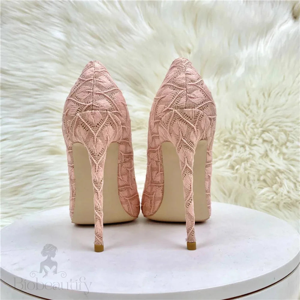 Pink Lace Fabric Pointy Toe High Heel Wedding Bridemaids Shoes