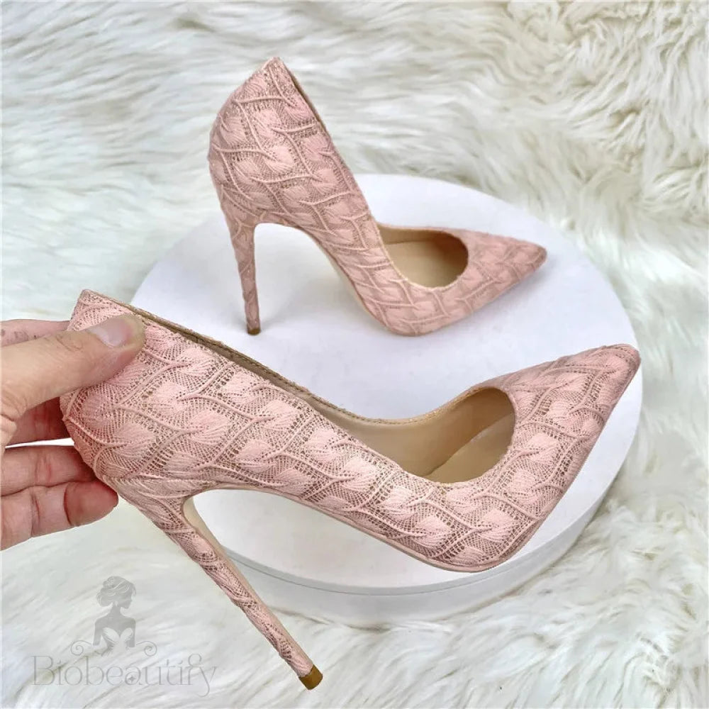 Pink Lace Fabric Pointy Toe High Heel Wedding Bridemaids Shoes