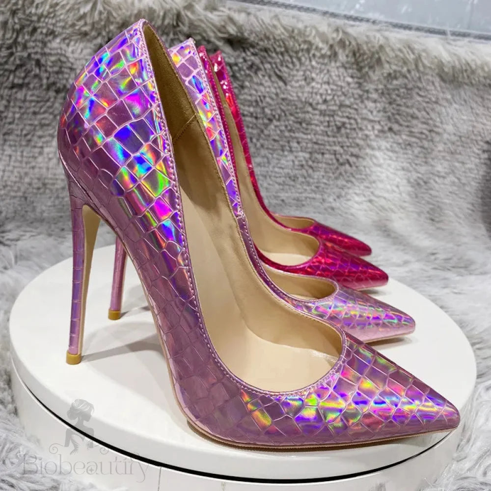 Pink Laser Shiny Crocodile Effect High Heel Shoes For Women