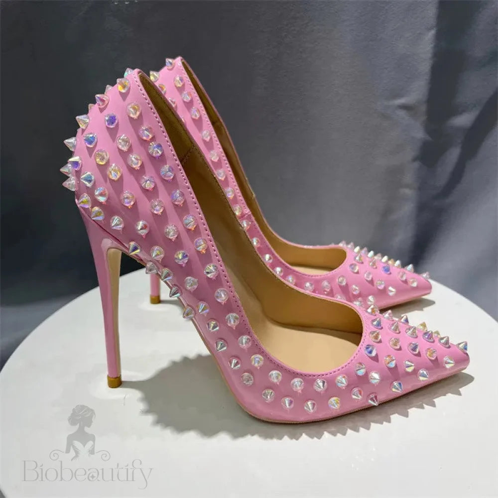 Pink Patent Pointy Toe High Heels Shoes With Crystal Spikes For Women