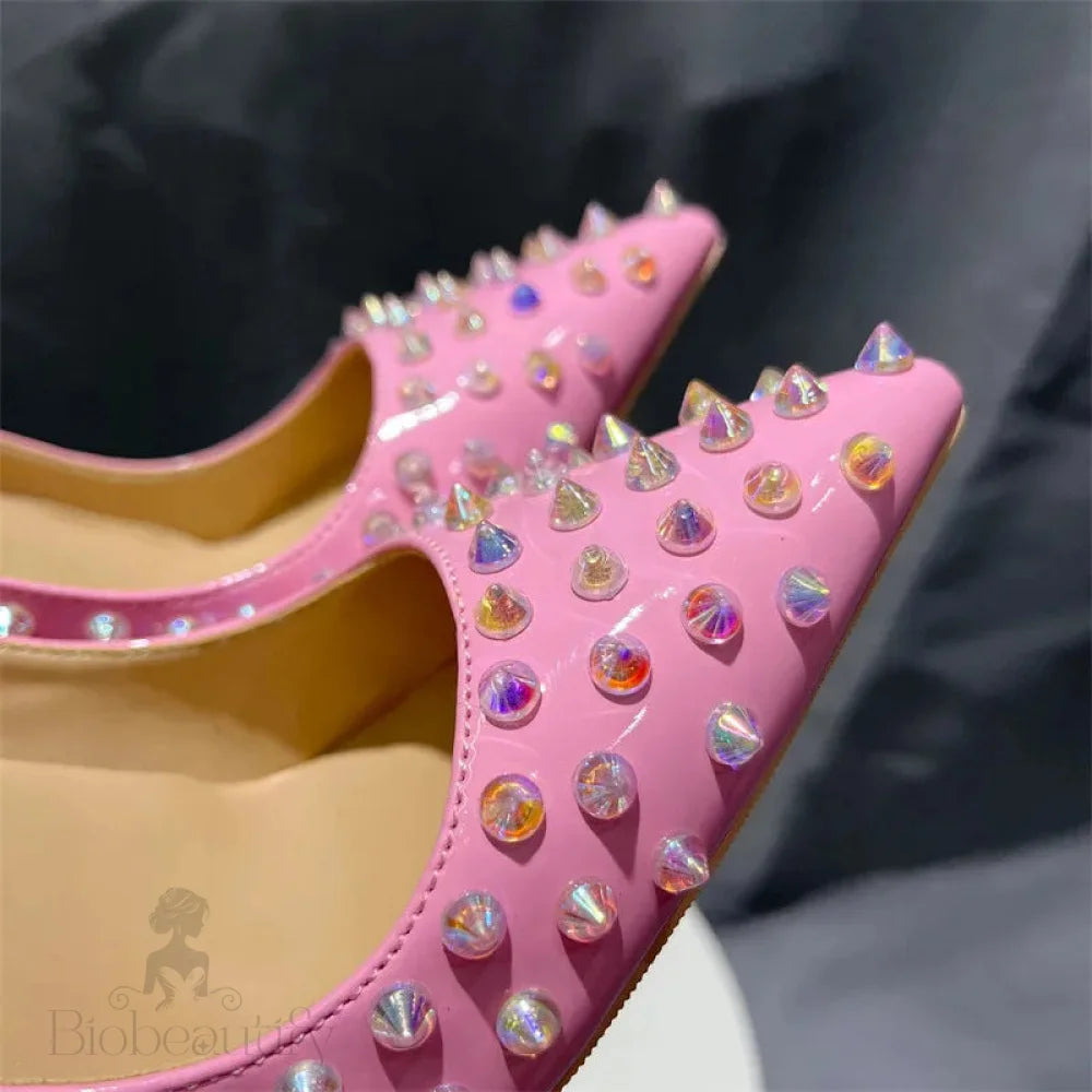 Pink Patent Pointy Toe High Heels Shoes With Crystal Spikes For Women