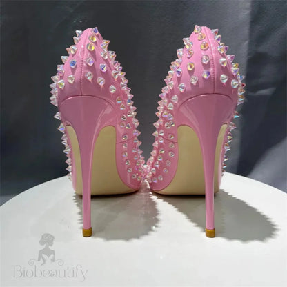 Pink Patent Pointy Toe High Heels Shoes With Crystal Spikes For Women