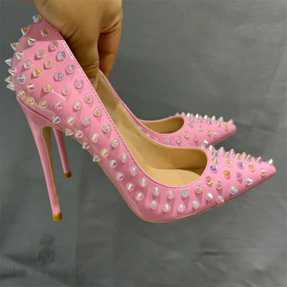 Pink Patent Pointy Toe High Heels Shoes With Crystal Spikes For Women