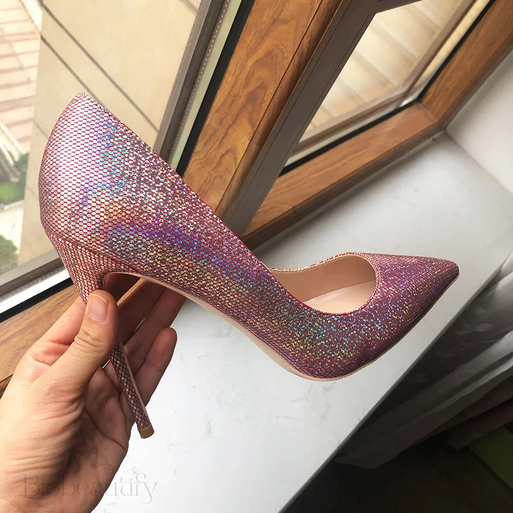 Pink Sequined Women Pointed Toe High Heels For Wedding Party And Bridal Shoes