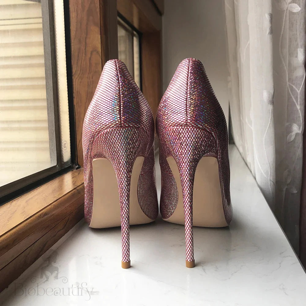 Pink Sequined Women Pointed Toe High Heels For Wedding Party And Bridal Shoes