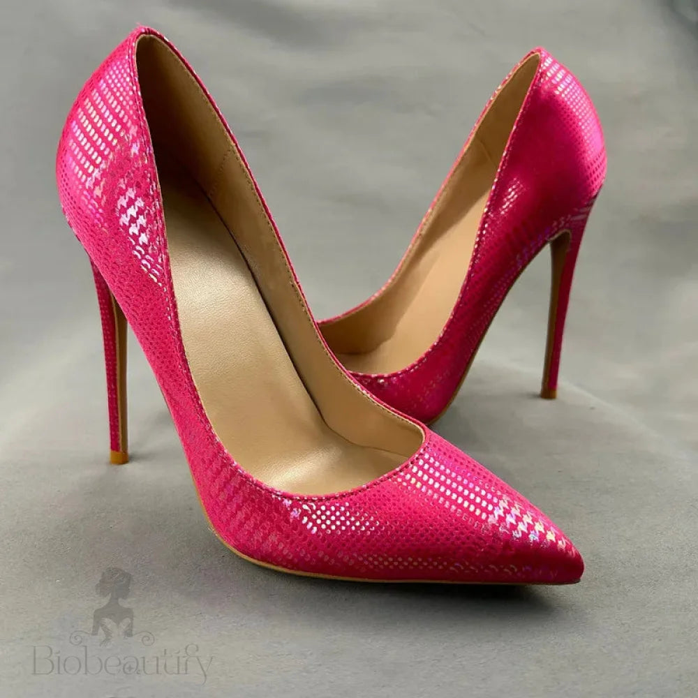 Pink Snakeskin Slip On High Heel Shoes For Women