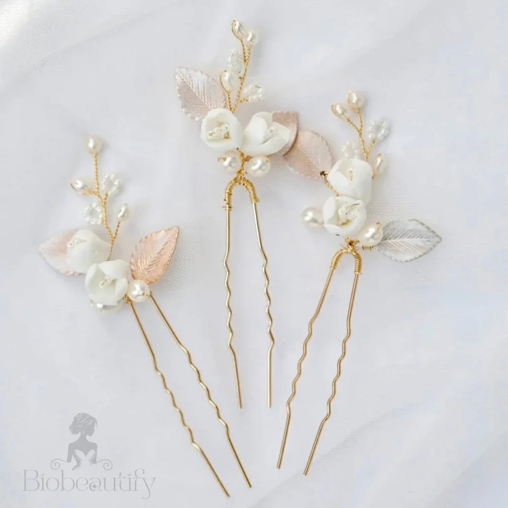 Pixie Pearl Bridal Hair Pin Set Of Three In Silver And Gold