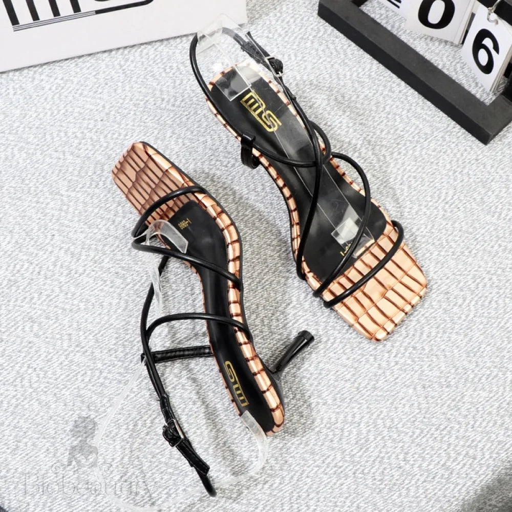 Plaid High-End Women’s Sandals With Square Toe And Thin High Heels