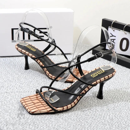 Plaid High-End Women’s Sandals With Square Toe And Thin High Heels