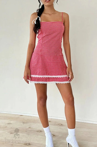 Plaid Lace Spaghetti Strap Mini Dress