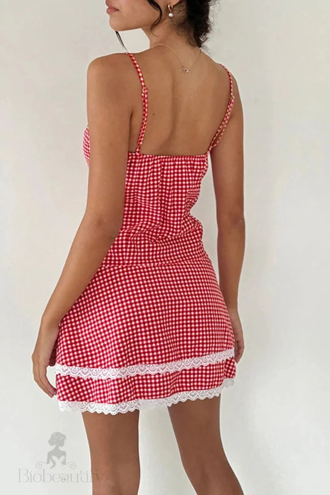 Plaid Lace Spaghetti Strap Mini Dress