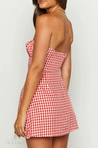 Plaid Slim Fit Mini Dress With Strapless Backless Tie-Up