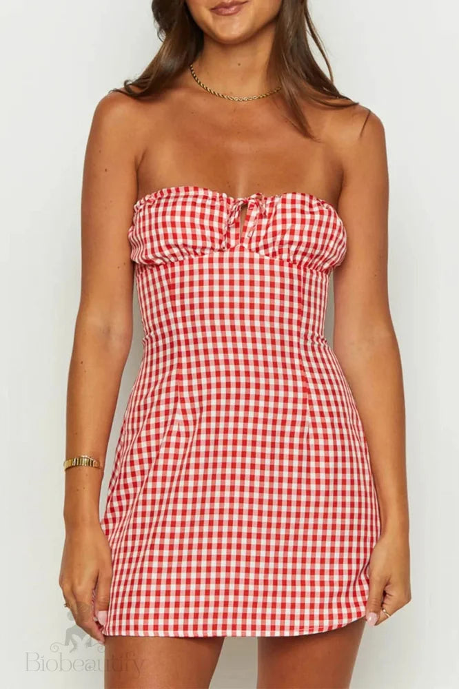 Plaid Slim Fit Mini Dress With Strapless Backless Tie-Up